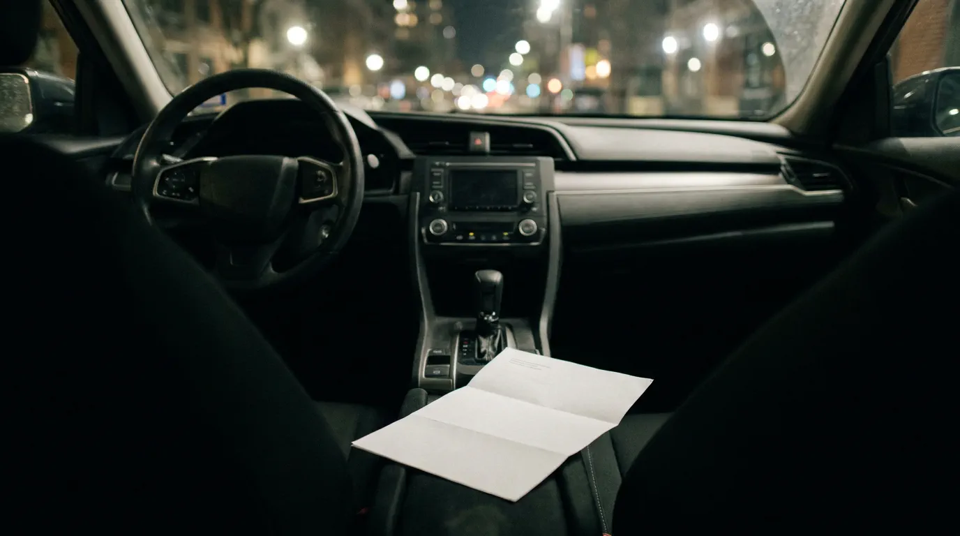 Interior de veículo à noite com documento sobre o console