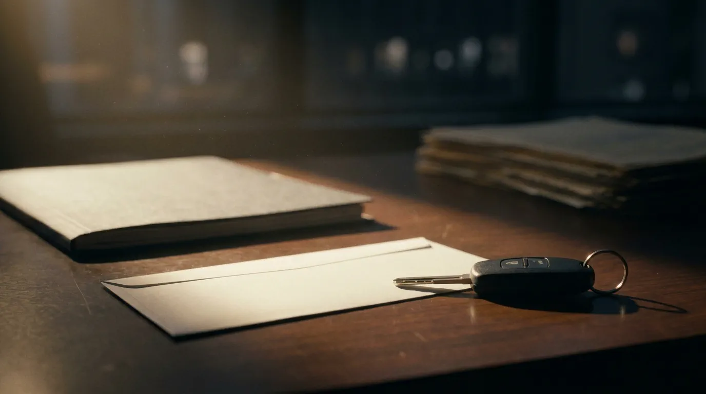 Notificação e chave de veículo sobre a mesa do escritório