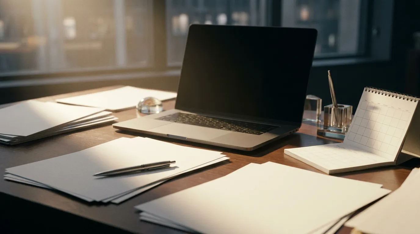 Notebook, documentos e calendário em análise jurídica