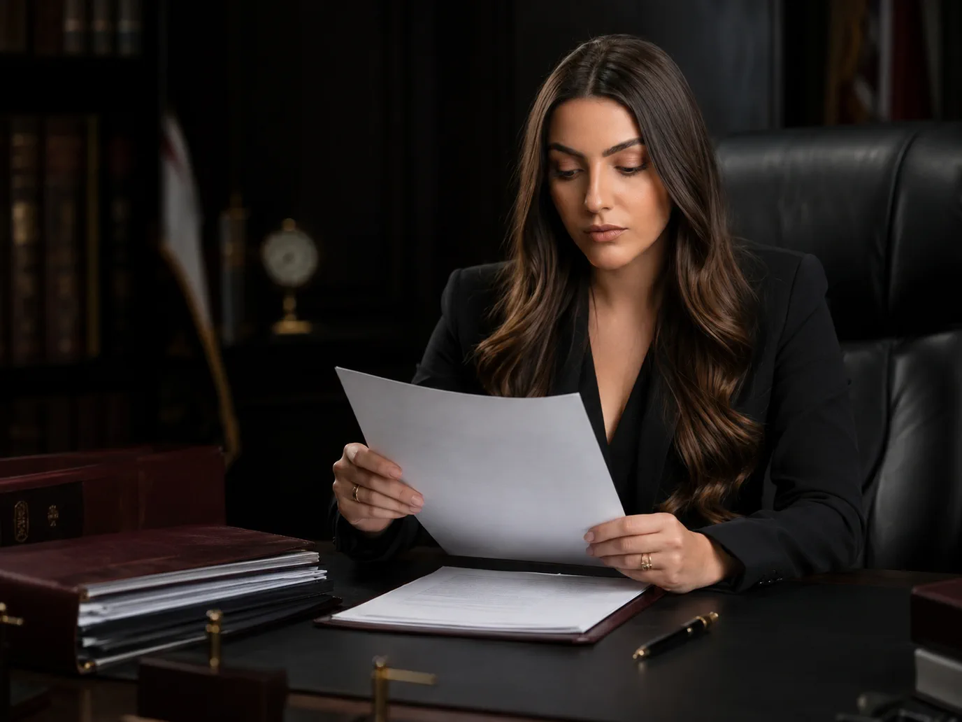 Deborah di Angeli analisando documentos no escritório